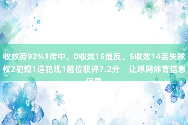 收效劳92%1传中、0收效15造反、5收效14丢失球权2犯规1造犯规1越位获评7.2分    让球网体育信息