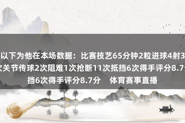 以下为他在本场数据:比赛技艺65分钟2粒进球4射3正2次错失良机3次关节传球2次阻难1次抢断11次抵挡6次得手评分8.7分 体育赛事直播